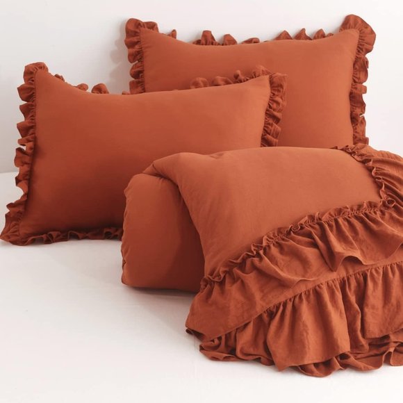 Terra Cotta Queen Size Bed Comforter Set Stone Wash Bedding Burnt Orange Pumpkin - Picture 5 of 11